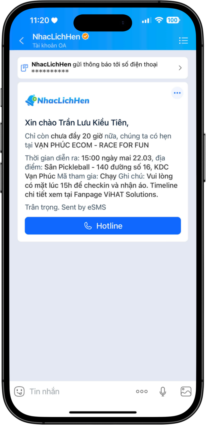 Tin nhắc lịch hẹn gửi qua Zalo OA NhacLichHen
