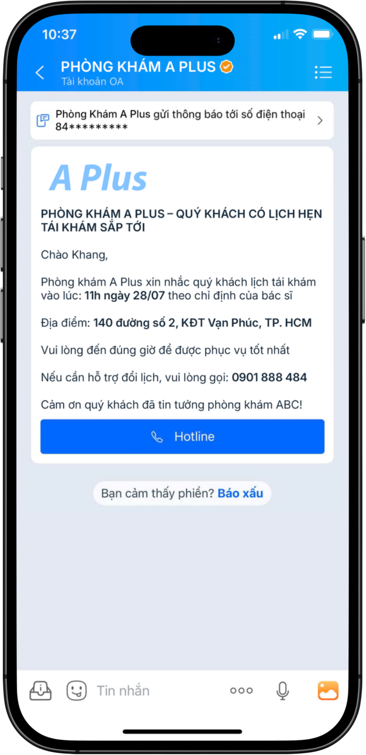 Tin ZBS Template Zalo nhắc lịch tái khám