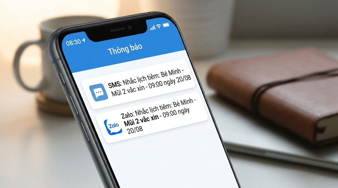 Giao diện tin nhắn nhắc lịch tiêm chủng tự động qua SMS và Zalo