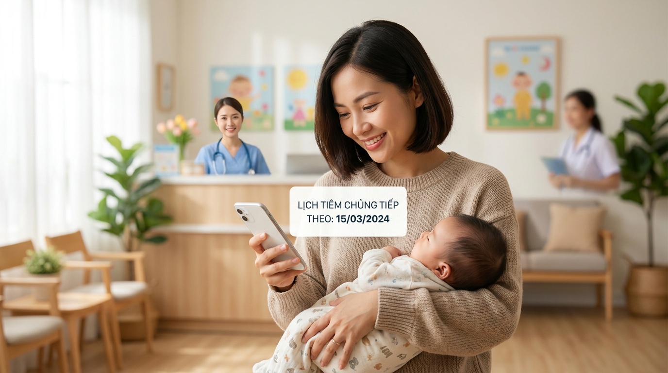 Phụ huynh nhận thông báo nhắc lịch tiêm chủng cho bé qua điện thoại