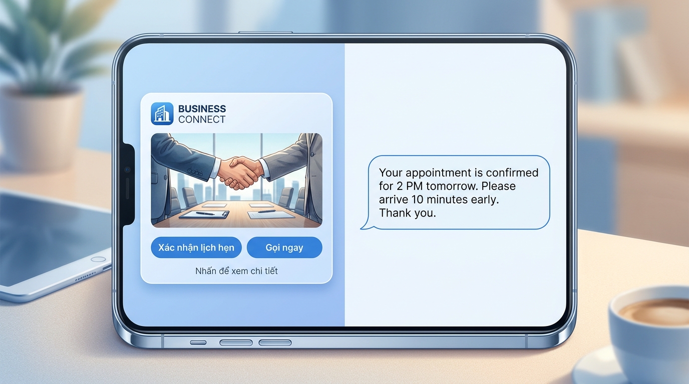 So sánh giao diện tin nhắn ZNS có nút CTA và tin SMS Brandname dạng văn bản